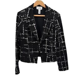 Joseph Ribkoff Abstract Plaid Career Blazer Faux Leather Trim Black White Sz 10